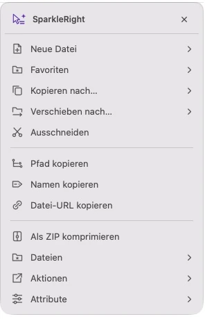 Tatsächliches SparkleRight Services-Aktionsmenü mit Pfad-, ZIP- und Dateitools für eine Demonstrationstextdatei
