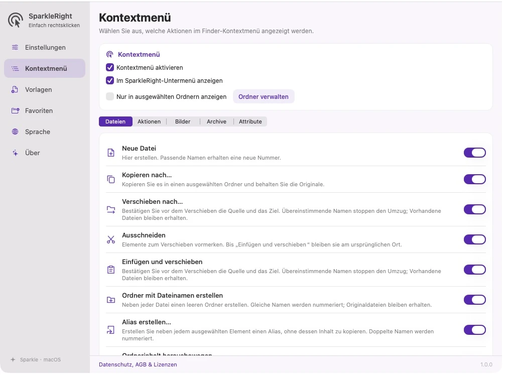 Tatsächliche SparkleRight-Kontextmenüeinstellungen mit Kategorien, Aktionsbeschreibungen und unabhängigen Schaltern