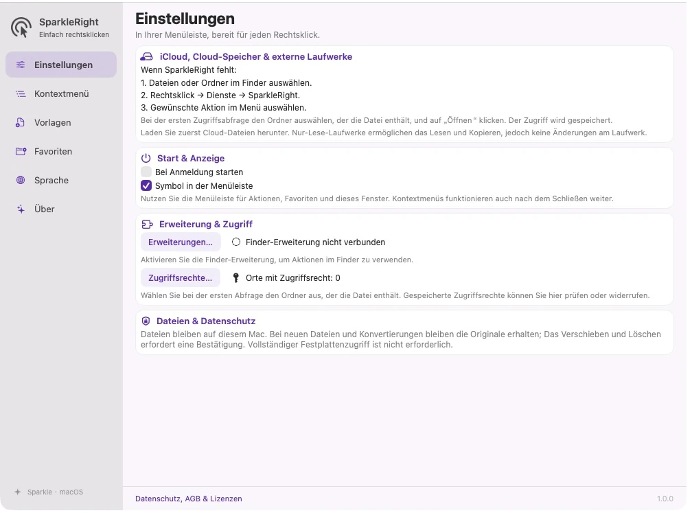 Tatsächliche SparkleRight-App-Einstellungen mit speziellen Standortführungs-, Erweiterungs-, Zugriffs- und Start-/Anzeigeoptionen