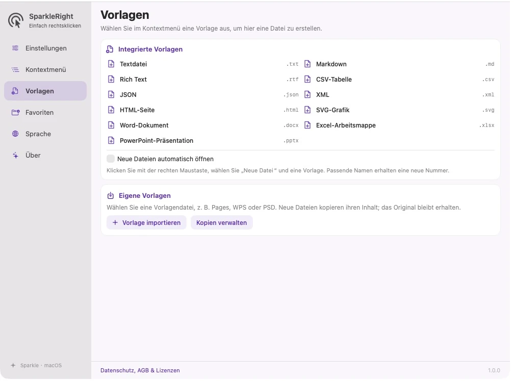 Aktuelle SparkleRight-Vorlagenseite mit Text- und Office-Vorlagen und einem Importeintrag