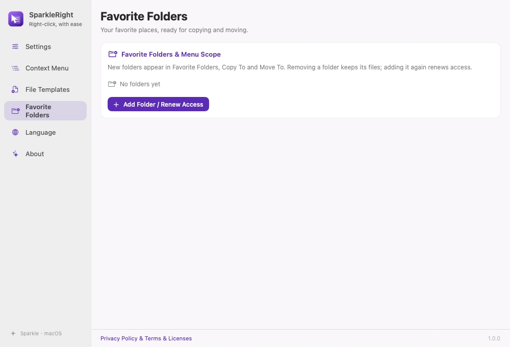 Actual SparkleRight favorite-folder settings with add-folder and scope-management entries