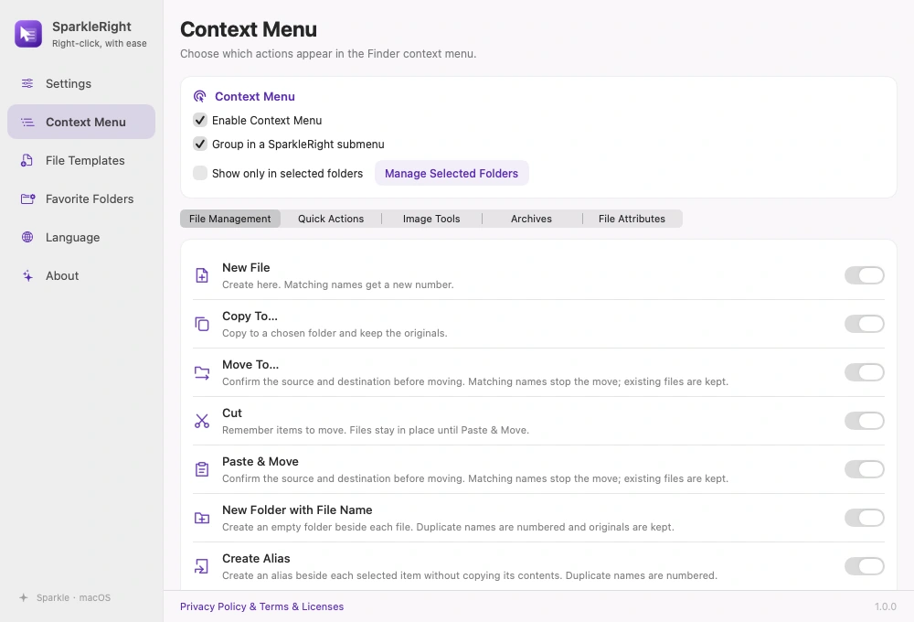 Actual English SparkleRight context menu configuration showing action groups and switches