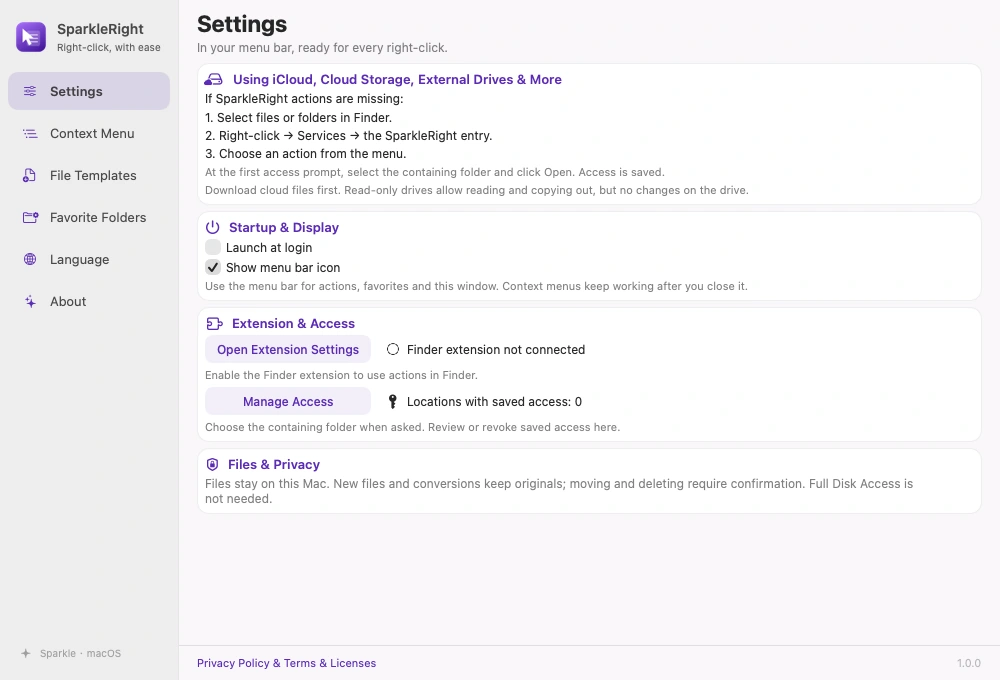 Actual SparkleRight app settings with special-location guidance, extension, access, and launch/display options