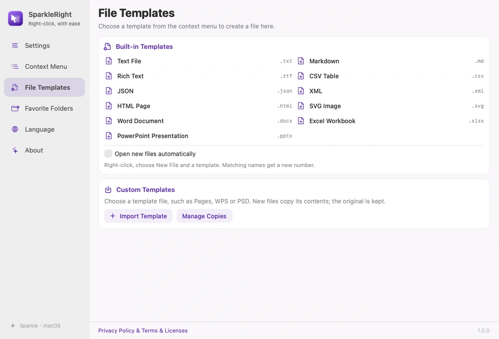 Actual SparkleRight templates page with text and Office templates and an import entry