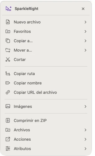 Menú de acciones reales de SparkleRight Services con acciones de creación, copia, conversión y organización aplicables a una imagen de demostración