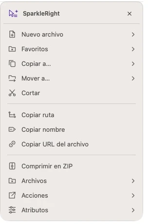 Menú de acción real de SparkleRight Services con ruta, ZIP y herramientas de archivo para un archivo de texto de demostración