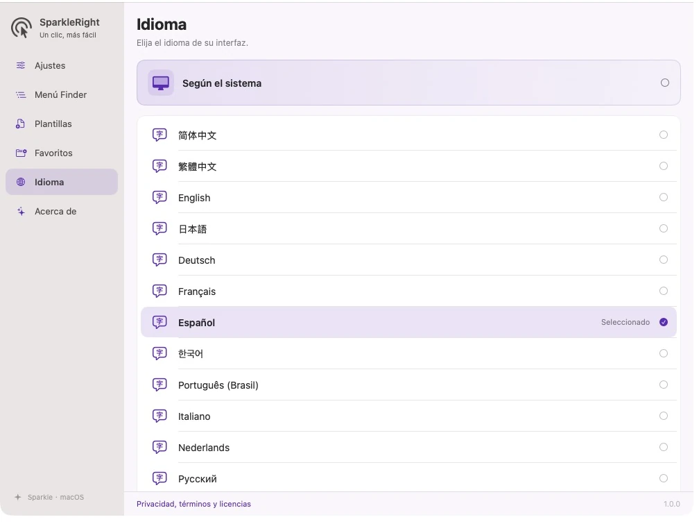 Configuración real de idioma SparkleRight con Follow System y 12 opciones de idioma de interfaz