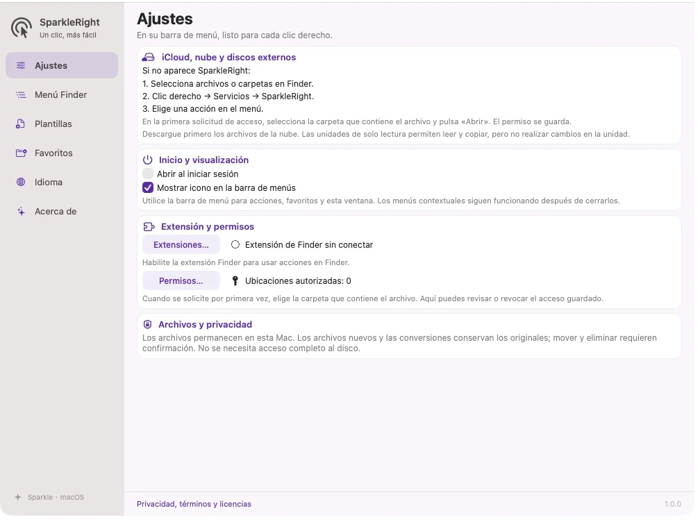 Configuración real de la aplicación SparkleRight con guía de ubicación especial, extensión, acceso y opciones de inicio/visualización