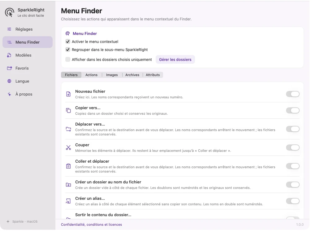 Paramètres réels du menu contextuel SparkleRight avec catégories, descriptions d'actions et commutateurs indépendants