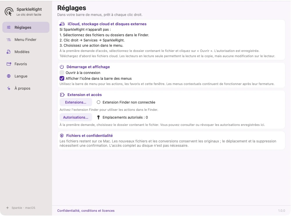 Paramètres réels de l'application SparkleRight avec conseils d'emplacement spécial, options d'extension, d'accès et de lancement/affichage