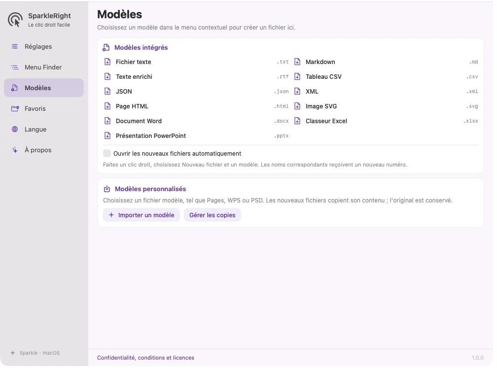 Page de modèles SparkleRight réelle avec des modèles de texte et Office et une entrée d'importation