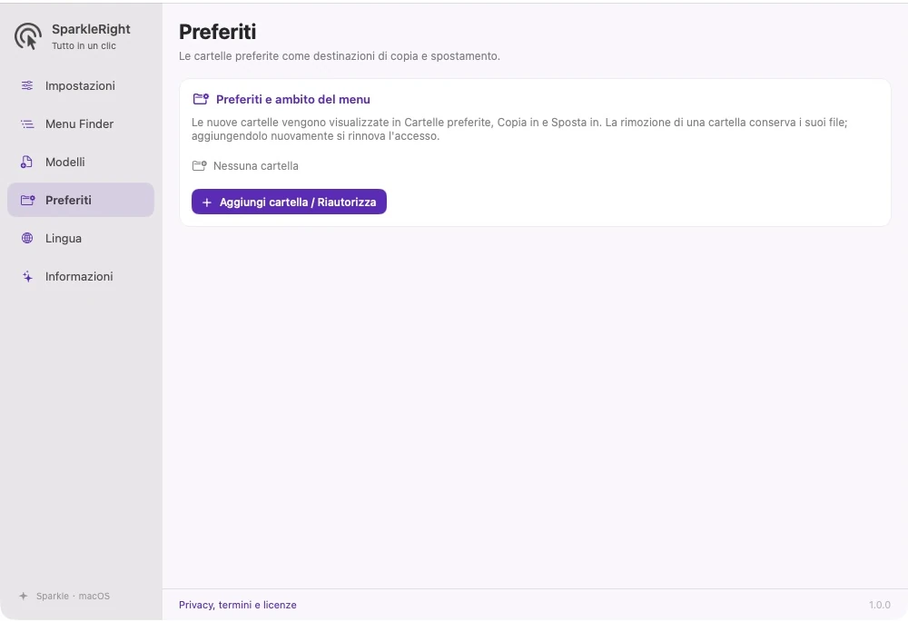 Impostazioni effettive della cartella preferita di SparkleRight con voci di aggiunta cartella e gestione dell'ambito