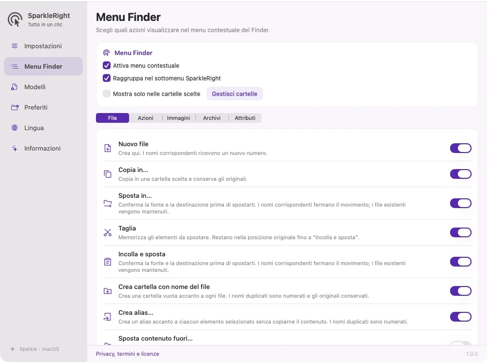 Impostazioni effettive del menu contestuale SparkleRight con categorie, descrizioni delle azioni e interruttori indipendenti
