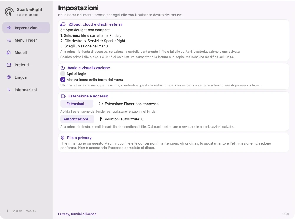 Impostazioni effettive dell'app SparkleRight con indicazioni su posizioni speciali, estensione, accesso e opzioni di avvio/visualizzazione