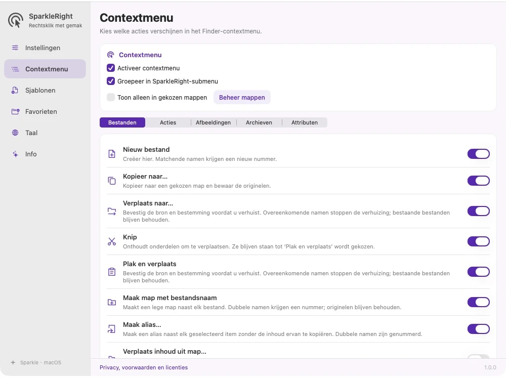 Werkelijke SparkleRight-contextmenu-instellingen met categorieën, actiebeschrijvingen en onafhankelijke schakelaars