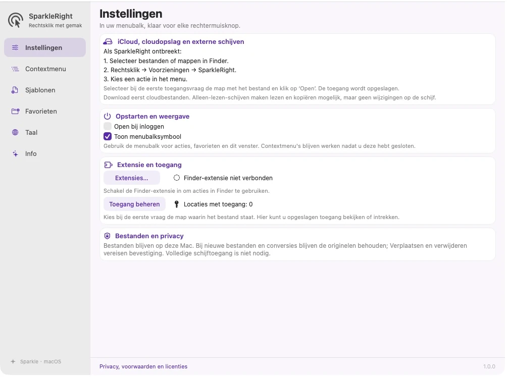 Actuele SparkleRight-app-instellingen met begeleiding op speciale locaties, uitbreidings-, toegang- en start-/weergaveopties