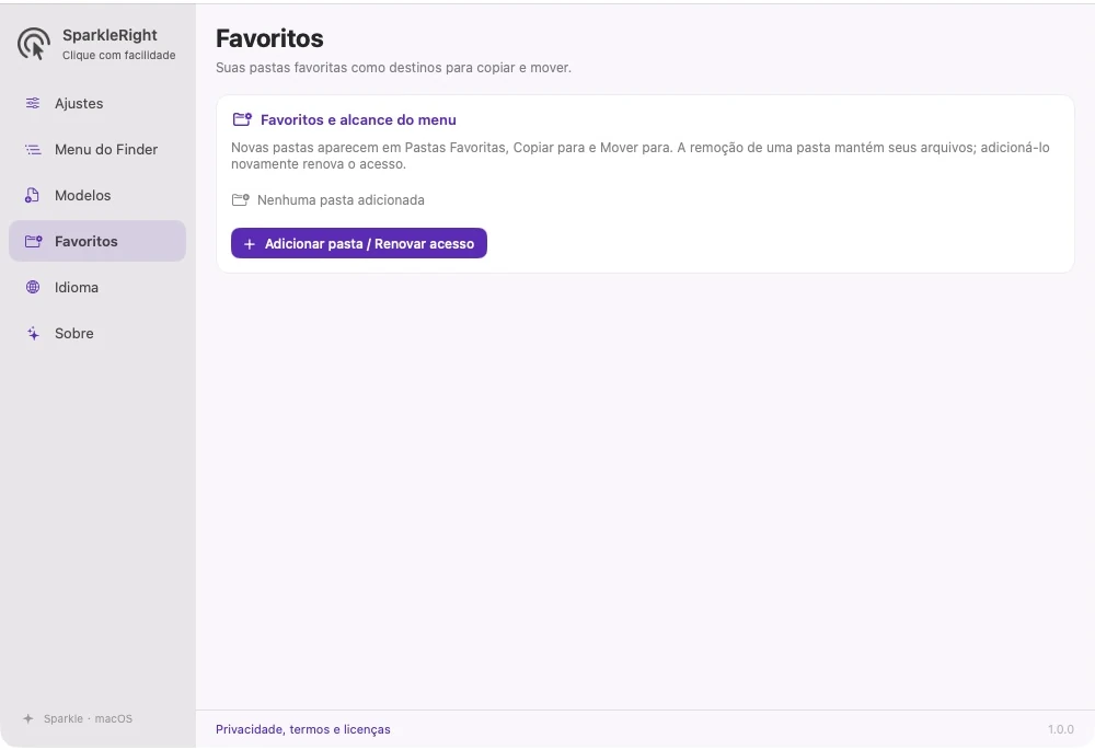 Configurações reais de pasta favorita do SparkleRight com entradas de pasta adicional e gerenciamento de escopo