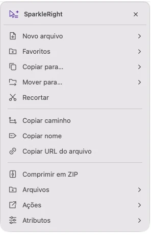 Menu de ação real do SparkleRight Services com ferramentas de caminho, ZIP e arquivo para um arquivo de texto de demonstração