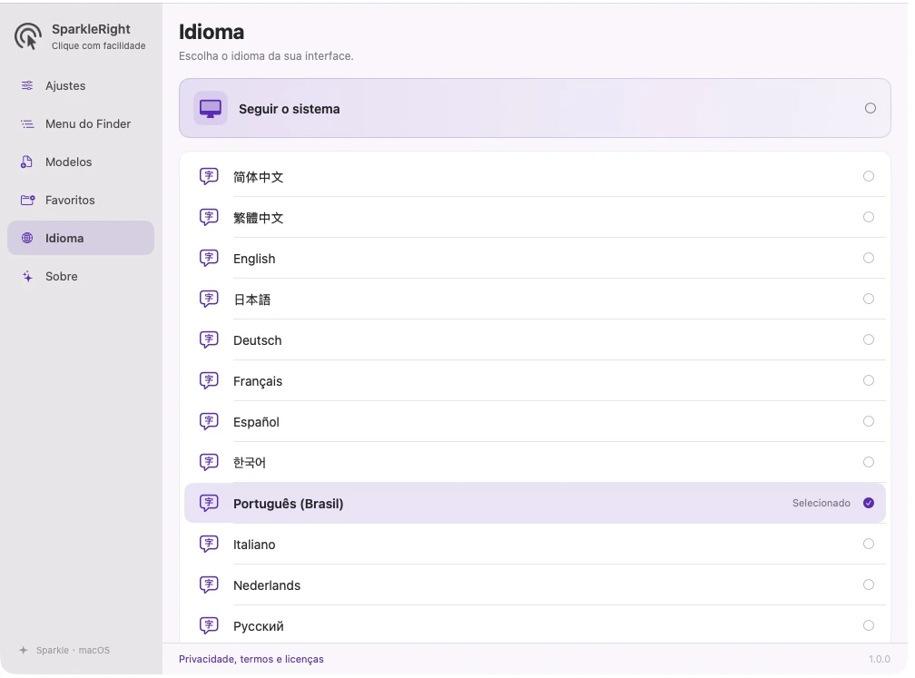 Configurações reais de idioma SparkleRight com Follow System e 12 opções de idioma