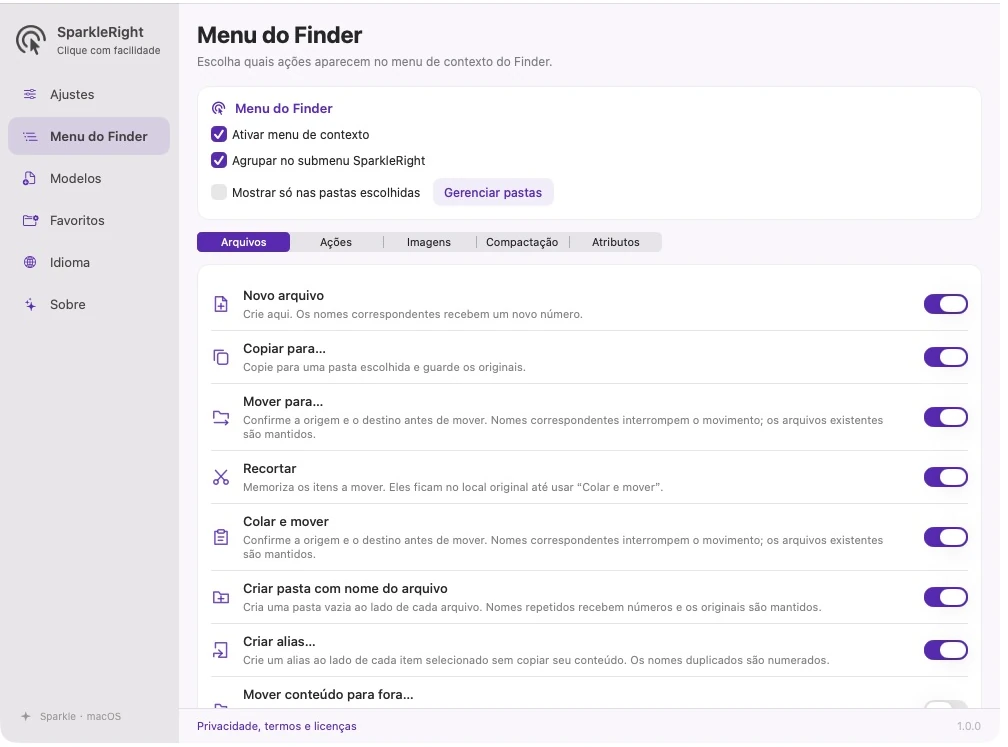 Configurações reais do menu de contexto SparkleRight com categorias, descrições de ações e opções independentes
