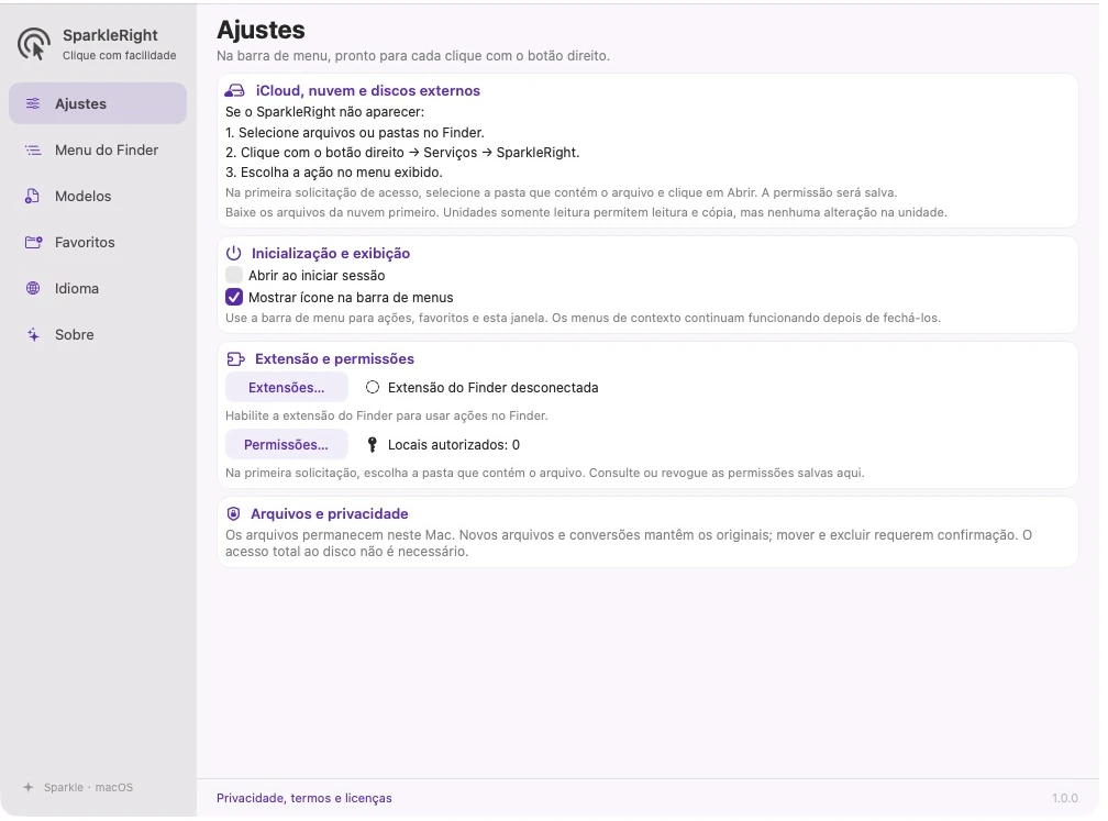 Configurações reais do aplicativo SparkleRight com orientação de localização especial, extensão, acesso e opções de inicialização/exibição