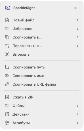 Фактическое меню действий SparkleRight Services с путем, ZIP и инструментами для работы с файлами для демонстрационного текстового файла.