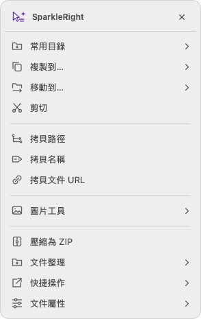 SparkleRight 真實服務操作選單，顯示示範圖片適用的新增、拷貝、轉換與整理入口