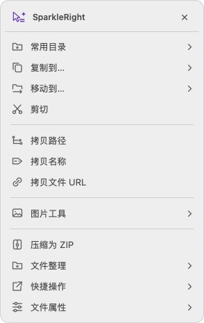 SparkleRight 真实服务操作菜单，显示演示图片适用的新建、复制、转换和整理入口